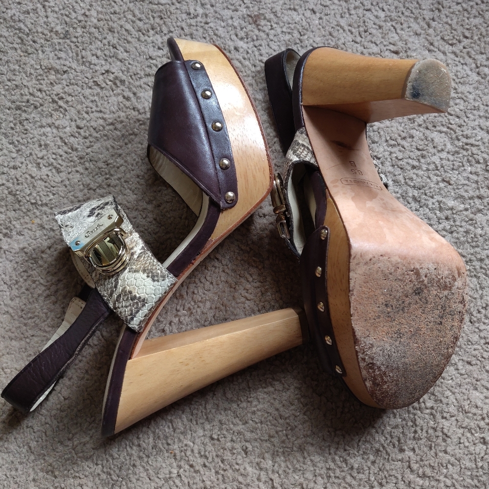 Coach snakeskin wood platform sandals